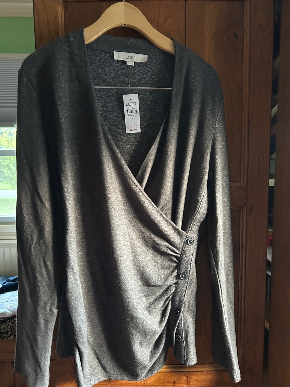 NET LOFT Gray Heathered Charcoal Faux-Wrap Long Sleeve Sweater